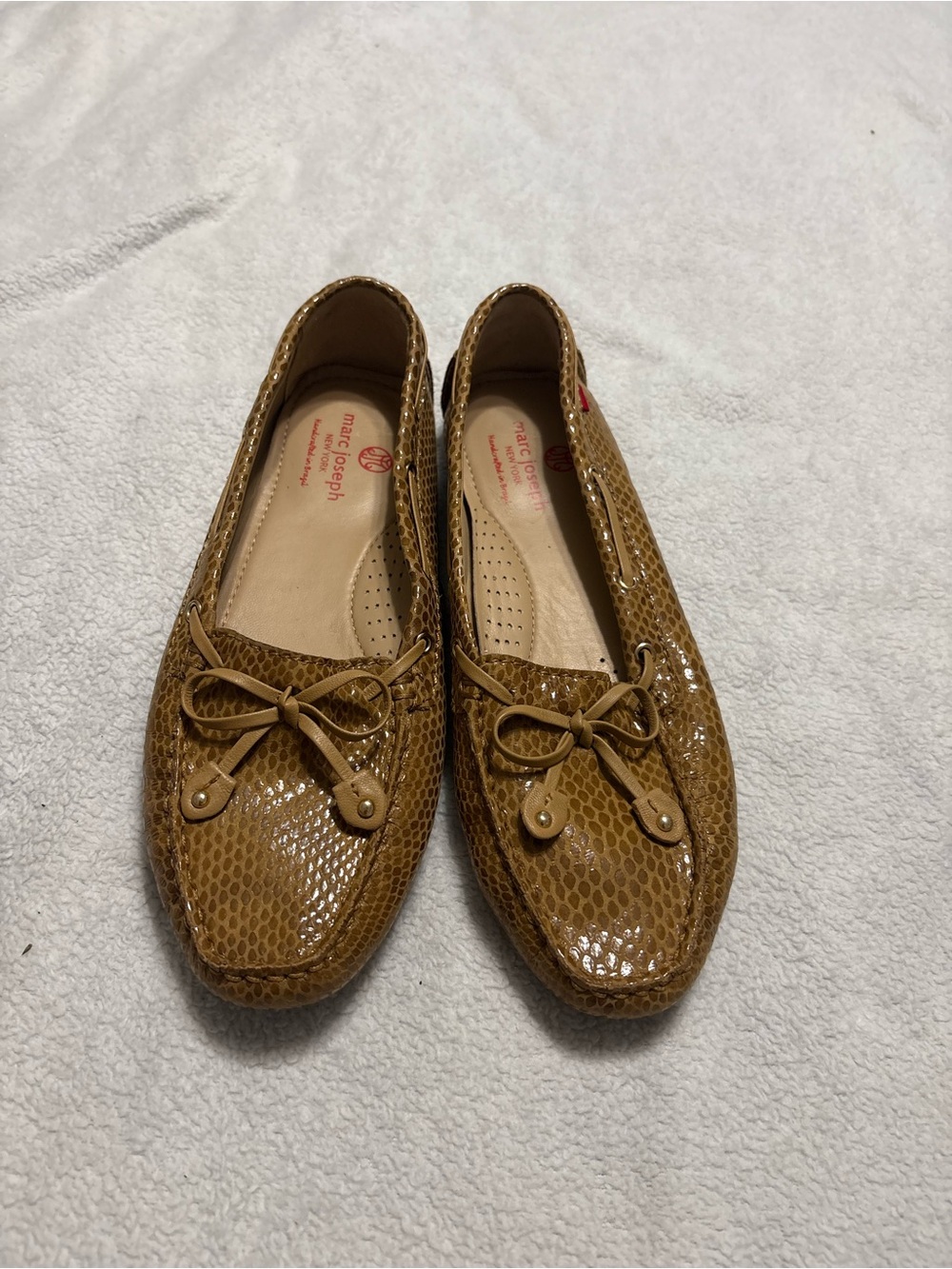 Marc Joseph Snake-Effect Tan Loafers with Bow Detail